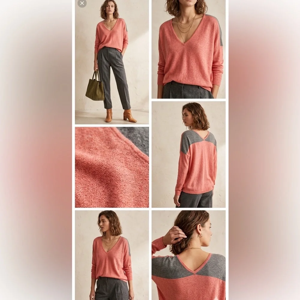 Lilla P‎ Woman's Coral Grey Modal Cotton V Neck Relaxed Fit Sweater Size XL